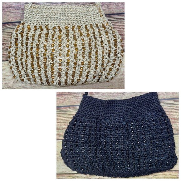 Lot of 2 Handmade Crochet Beaded Small Flapper Retro Purse Mini Bags Black Cream - Picture 1 of 15